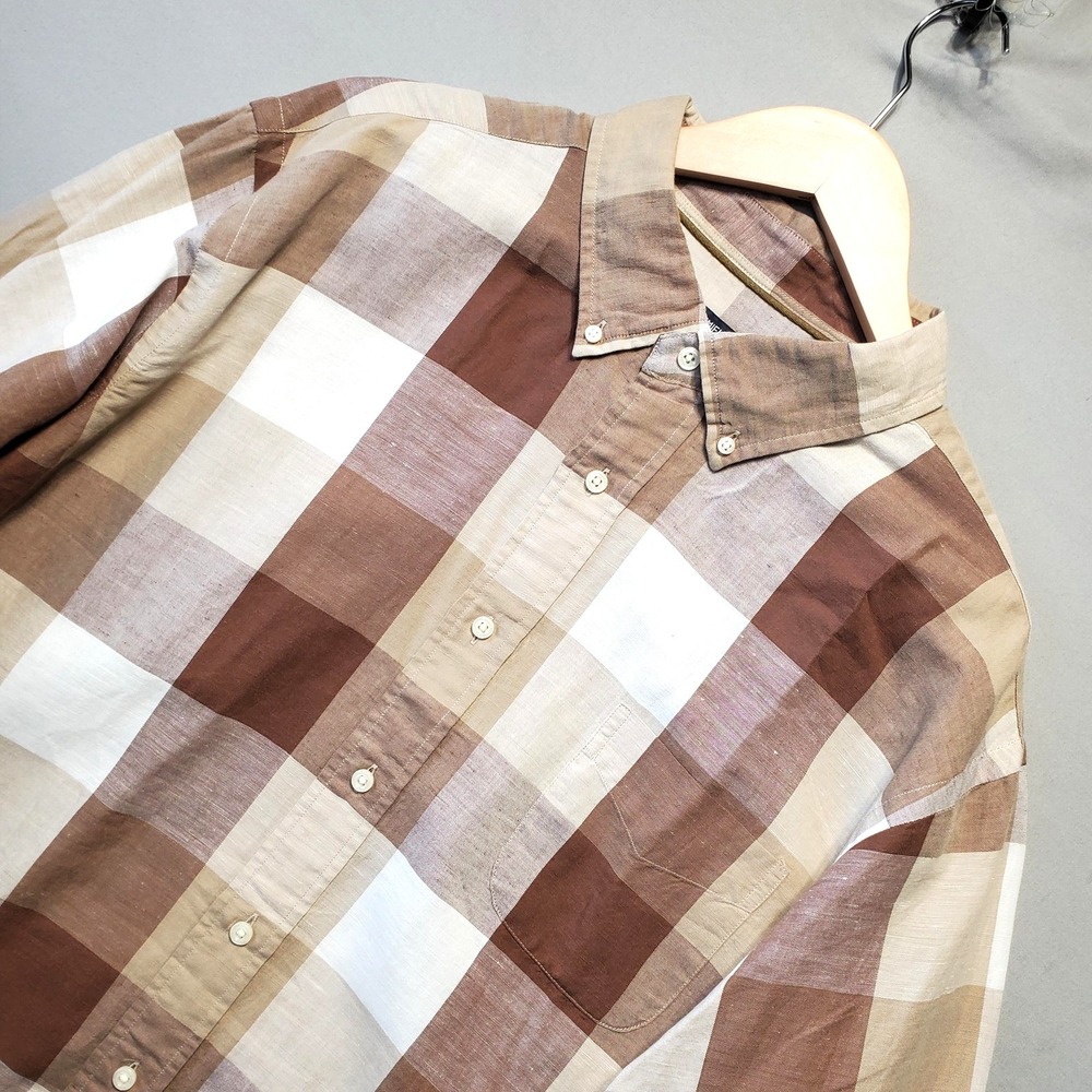 Cremieux Plaid Linen Cotton Shirt Mens 2XL Brown Casual Button Down Old Money
